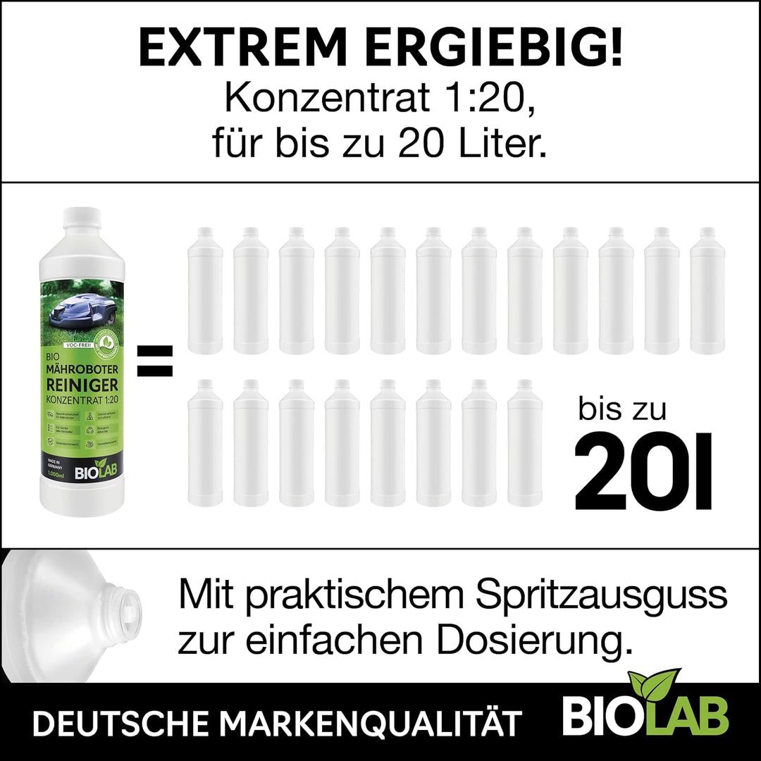 BIOLAB Bio Mähroboter Reiniger (1000 ml Konzentrat) zur Rasenmäher Roboter Reinigung, passend für Ga