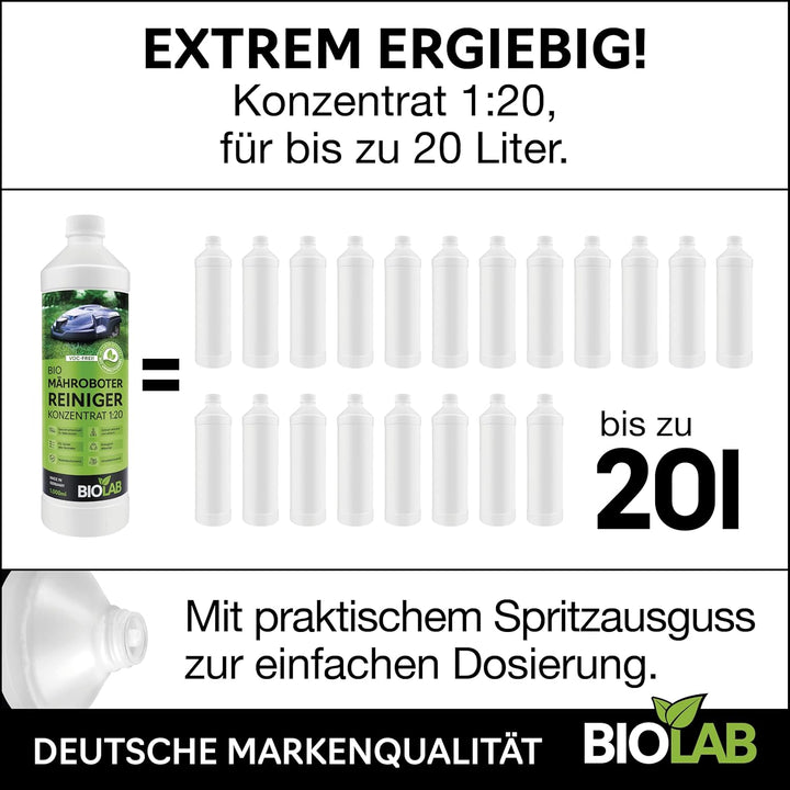 BIOLAB Bio Mähroboter Reiniger (1000 ml Konzentrat) zur Rasenmäher Roboter Reinigung, passend für Ga