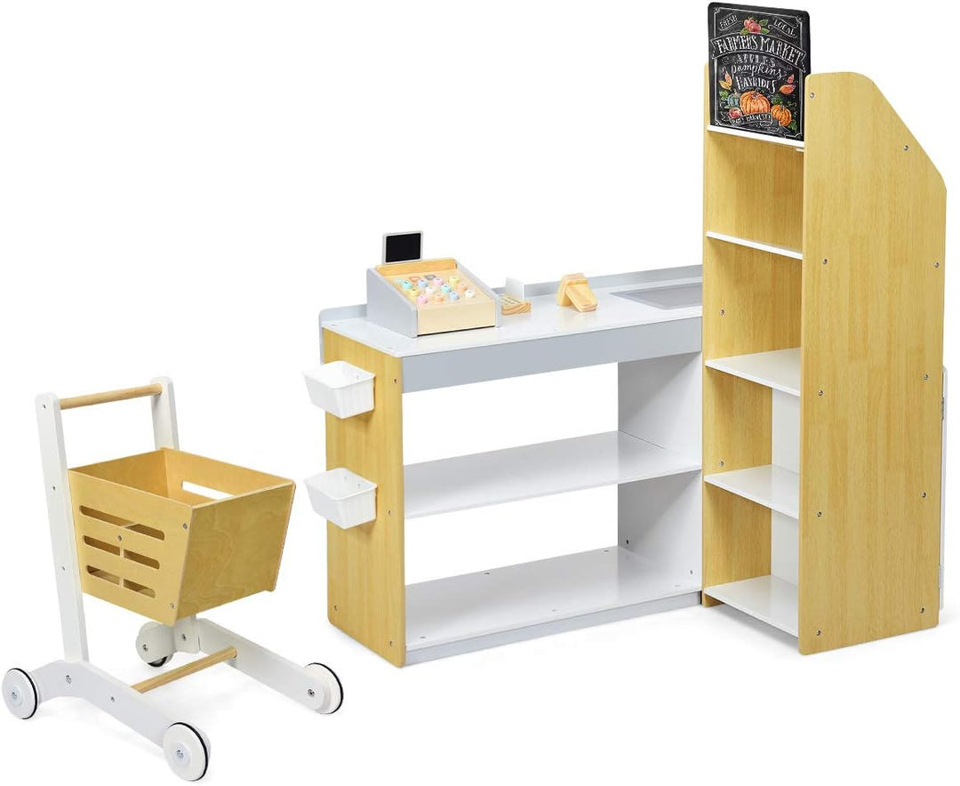 COSTWAY Kaufladen mit Einkaufswagen, Kaufmannsladen mit Tafel, inkl. Registrierkasse, Scanner, Karte