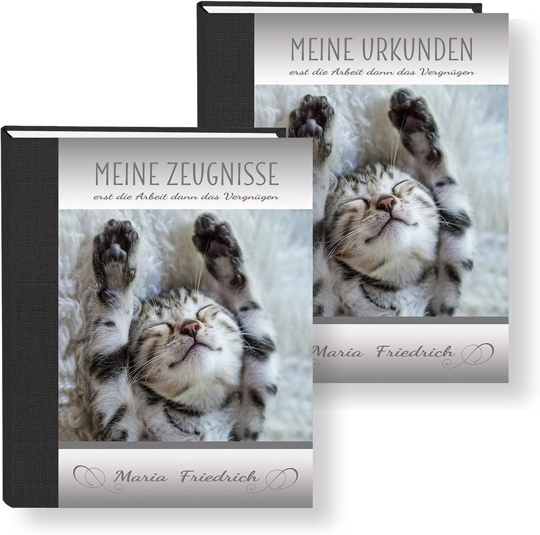 Zeugnismappe personalisiert Relax Cat A4 ca. 31x24 cm, grau, Zeugnisbuch Katze, Urkundenmappe Einsch