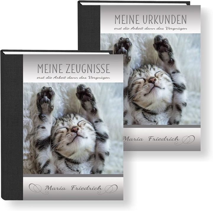 Zeugnismappe personalisiert Relax Cat A4 ca. 31x24 cm, grau, Zeugnisbuch Katze, Urkundenmappe Einsch