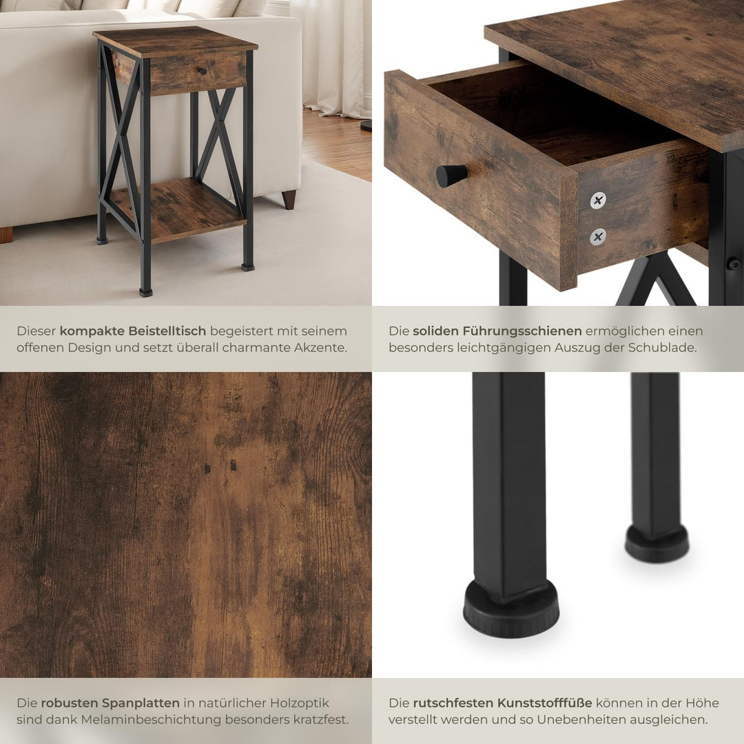 tectake Beistelltisch mit Schublade und Ablageflächen, Nachttisch Boxspringbett, Industrie-Design, 3