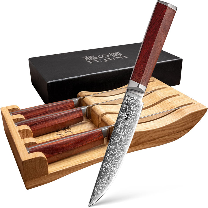 FUJUNI Steakmesser Set 4teilig, 4er Damast Steakmesser-Set Mit Extrem Scharf 12.5cm Klinge Aus 67 La