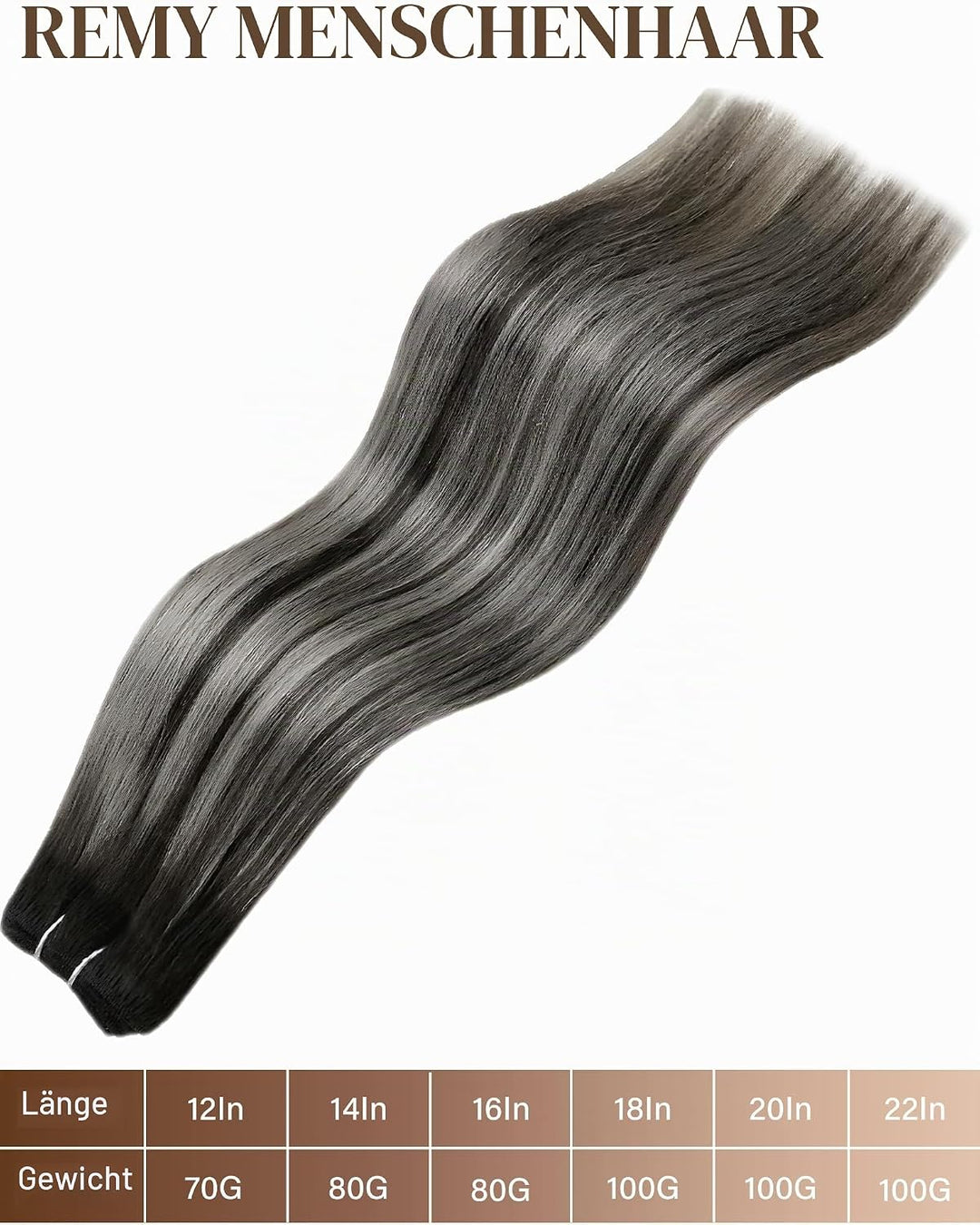 Hetto Tressen Echthaar, Balayage Naturschwarz mit Silber, 35cm, 80g | 100% Remy Haar, Stylbar, knote