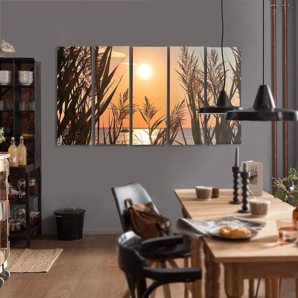 Feeby Frames, Leinwandbild Bilder Wand Bild - 5 Teile - Wandbilder Kunstdruck (SONNENUNTERGANG, GOLD