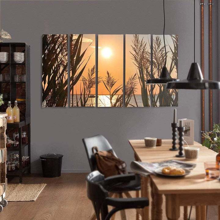 Feeby Frames, Leinwandbild Bilder Wand Bild - 5 Teile - Wandbilder Kunstdruck (SONNENUNTERGANG, GOLD