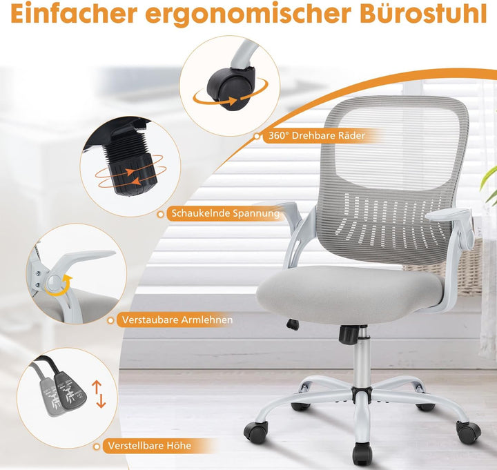 DUMOS Bürostuhl Ergonomisch, Schreibtischstuhl mit Lendenwirbelstütze, Verstellbaren Armlehnen Drehs