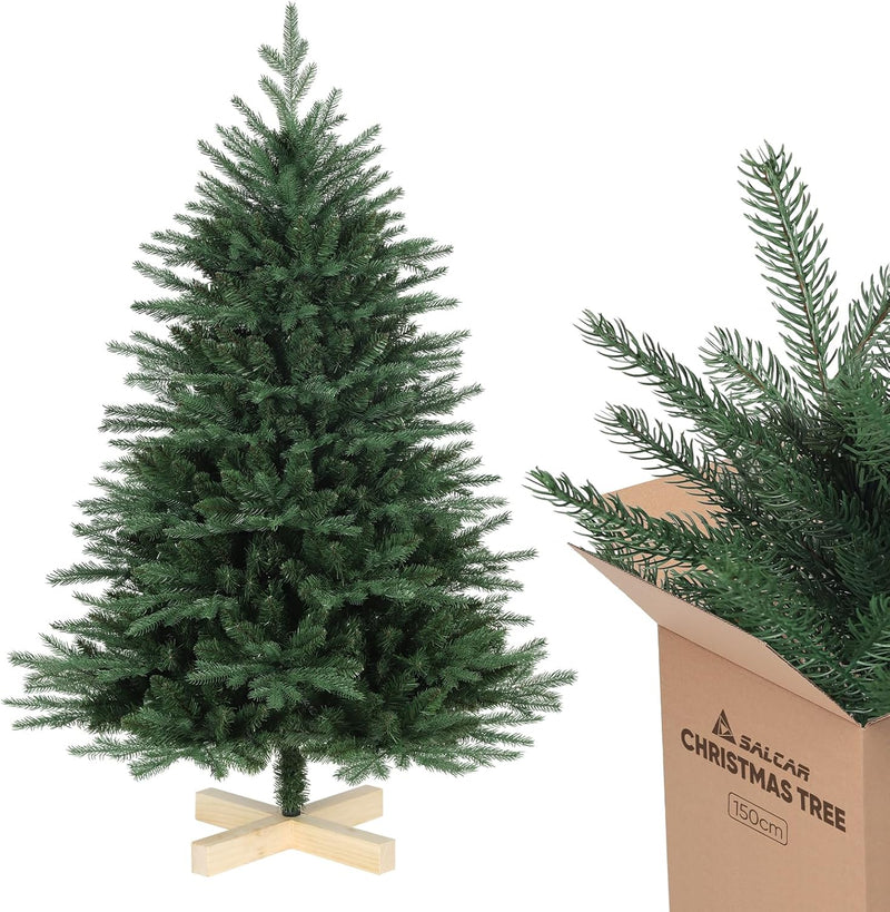 SALCAR Künstlicher Weihnachtsbaum mit Holzständer, Tannenbaum Künstlich 150 cm aus PE Spritzguss & P