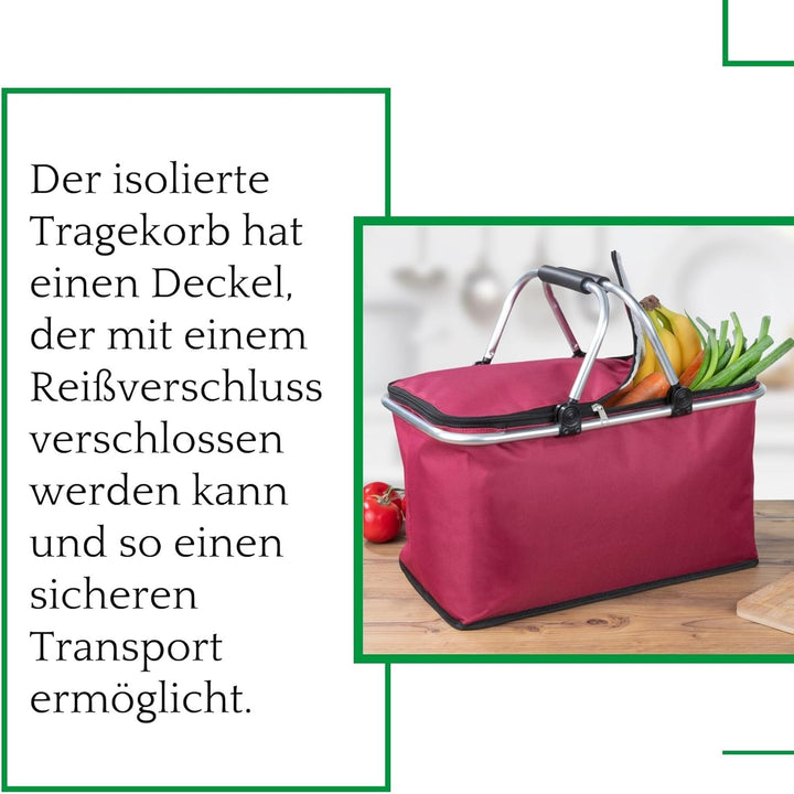 Novaliv Einkaufskorb faltbar Thermokorb mit Kühlfunktion 30 Liter WEINROT Isolierkorb mit gepolstert