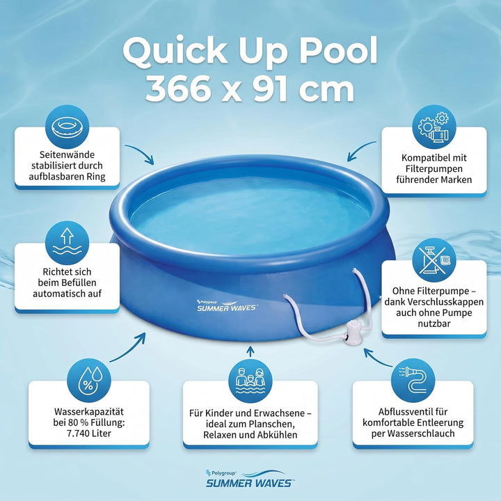 Summer Waves Fast Set Quick Up Pool 366x91cm Swimming Pool Familien Schwimmbad mit Filterpumpe