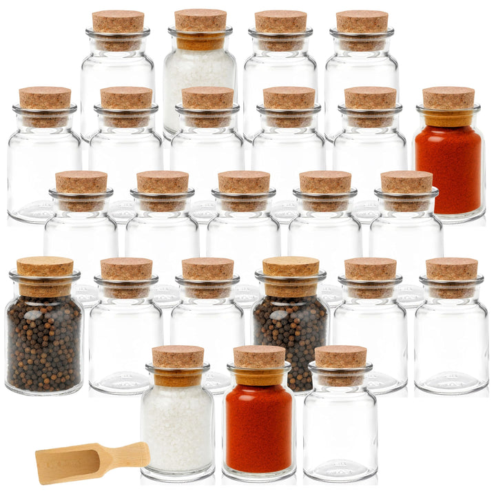 mikken 24 Gewürzgläser 150ml mit Korken – runde Glasbehälter mit Kork-Verschluss inkl. Holzschaufel