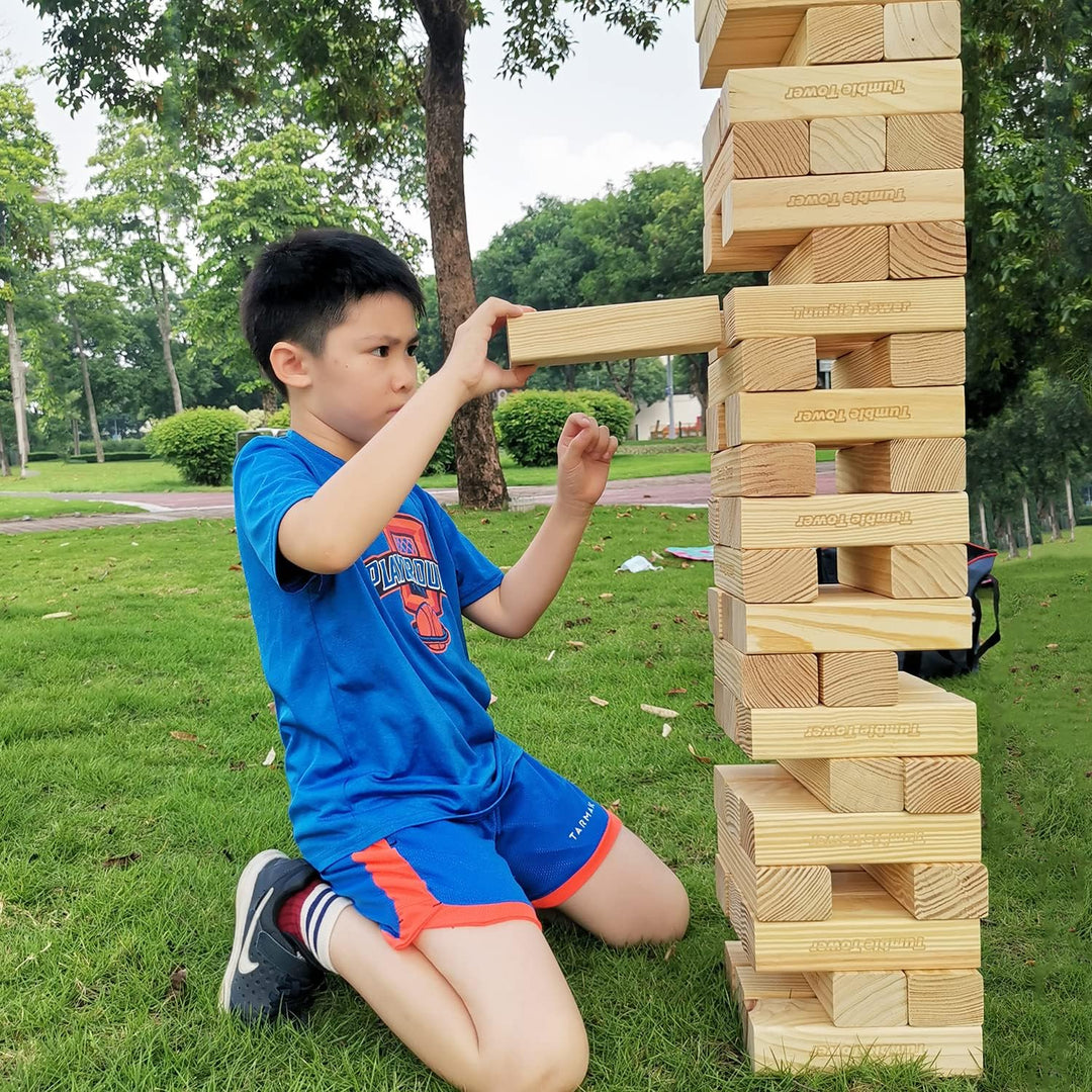 JacMok Grosser Wackelturm Spiel Holz Turmspiel aus Kiefer- Stapelturm 60 Bausteine mit Tragetasche -