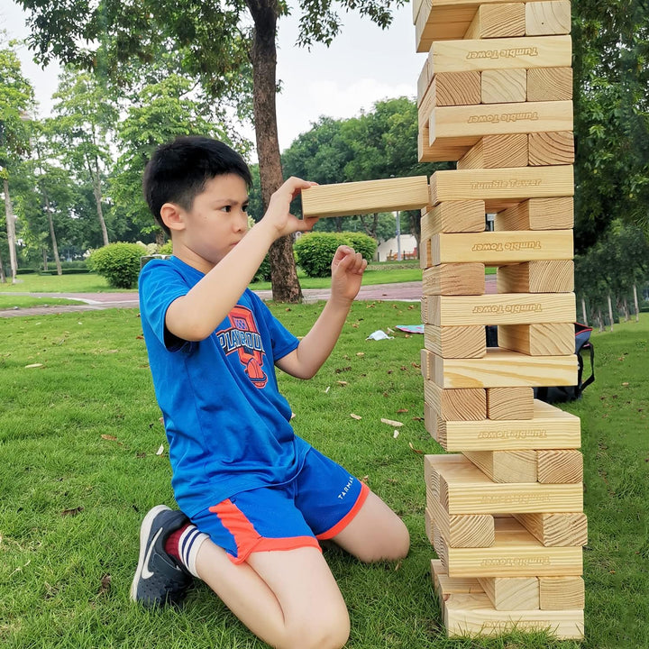 JacMok Grosser Wackelturm Spiel Holz Turmspiel aus Kiefer- Stapelturm 60 Bausteine mit Tragetasche -