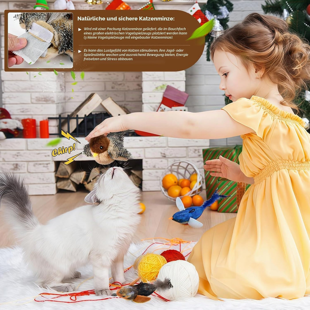 4 St Interaktives Katzenspielzeug Fliegender Vogel, Aufladbares Vogel Spielzeug Katze mit 3 Klein Vo