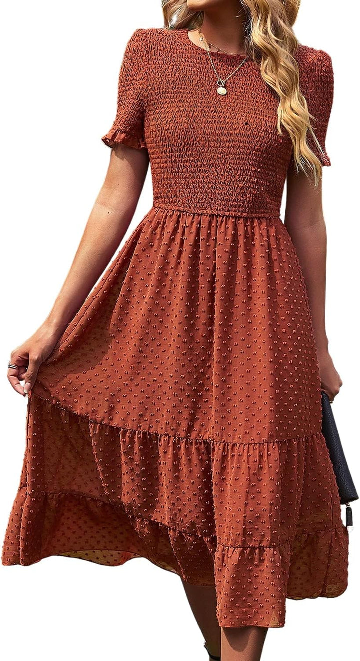BebreezChic Damen Sommerkleid Rundhals Kurzarm Puffärmel Gerüschter Gerafftes Freizeitkleid mit Hohe