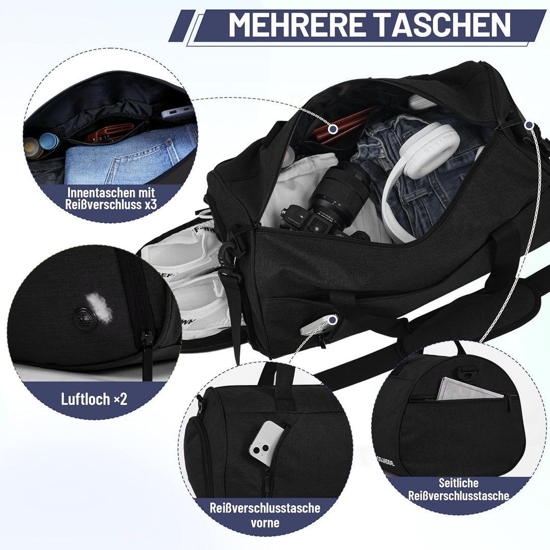 Sporttaschen für Damen und Herren, 35L Reisetasche Duffel Bag Übernachtungstasche mit Schuhfach &amp; Na