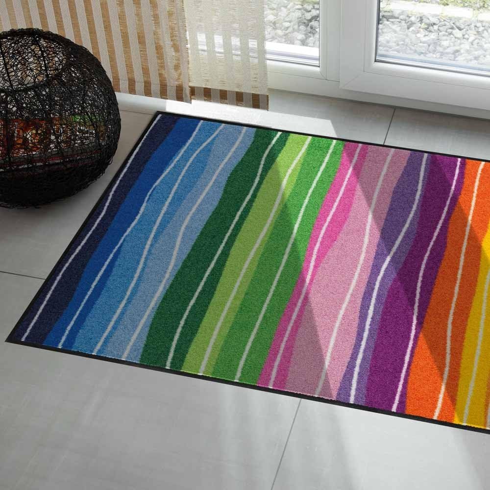 Salonloewe Fussmatte waschbar Pure Style Wavy Lines Bunt 75x120 cm Läufer Wohn-Teppich Wellen rutsch