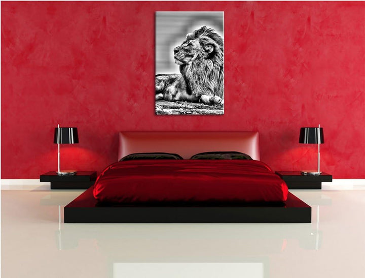 Monocrome, liegender Löwe, Format: 100x70 auf Leinwand, XXL riesige Bilder fertig gerahmt mit Keilra