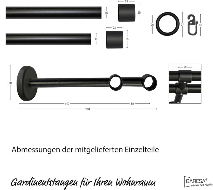 Garesa Gardinenstange Rustika Ø 16mm, 2-läufig, Schwarz I Rustikale Vorhangstange aus Metall inkl. R