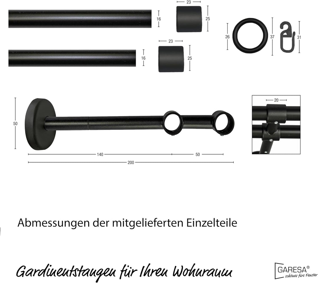Garesa Gardinenstange Rustika Ø 16mm, 2-läufig, Schwarz I Rustikale Vorhangstange aus Metall inkl. R