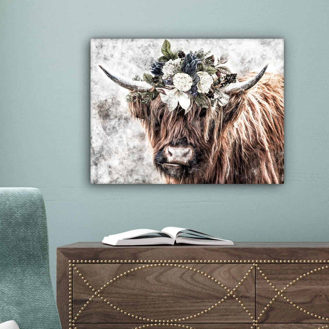 MuchoWow Leinwand Bilder, Einzigartige Wanddeko mit Rahmen, Schottischer Hochländer - Rauch - Flora,
