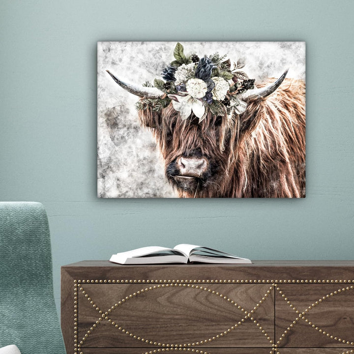 MuchoWow Leinwand Bilder, Einzigartige Wanddeko mit Rahmen, Schottischer Hochländer - Rauch - Flora,