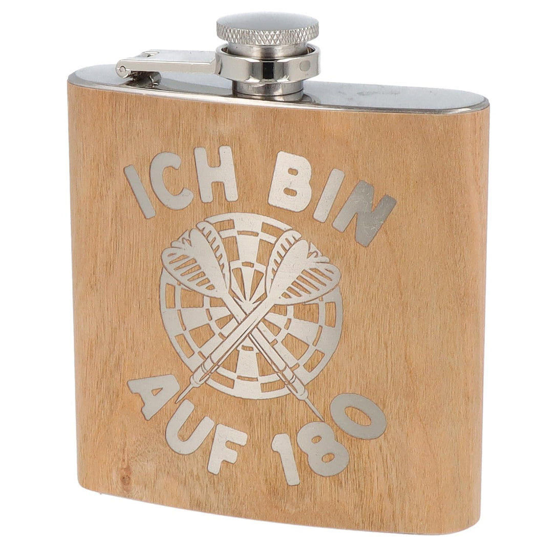 Spruchreif | Flachmann aus Edelstahl mit Gravur | Flachmann aus Holz | Geschenkidee Darts | Outdoor