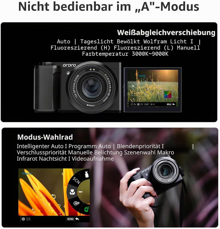 ORDRO G730 Spiegellose Kamera mit 5K-Videos, AF/MF, 12-facher optischer Zoom, 3.2" Vari-Winkel-Bilds
