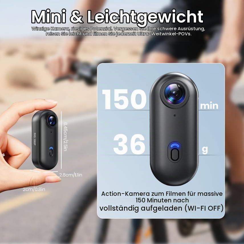 Action Cam, Mini Bodycam, POV Vlog Kamera 120° Weitwinkel, wasserdicht bis 30 m, 10+ Zubehörteile, 1