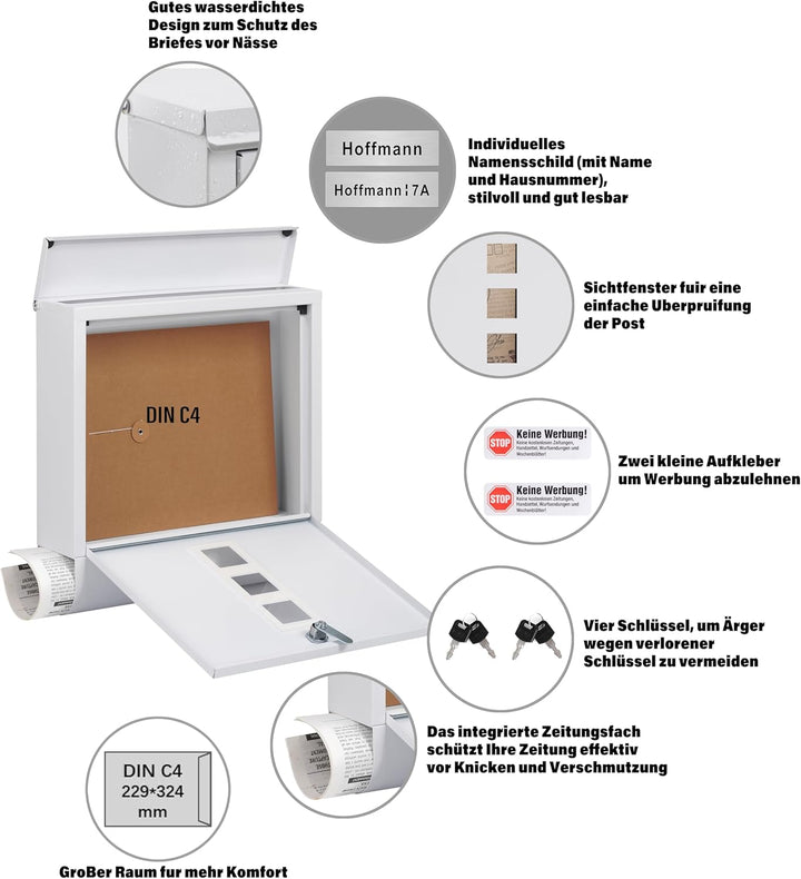 Zedelmaier Briefkasten XL Personalisiert mit Edelstahl Namensschild Wandbriefkasten Postkasten C4 Br