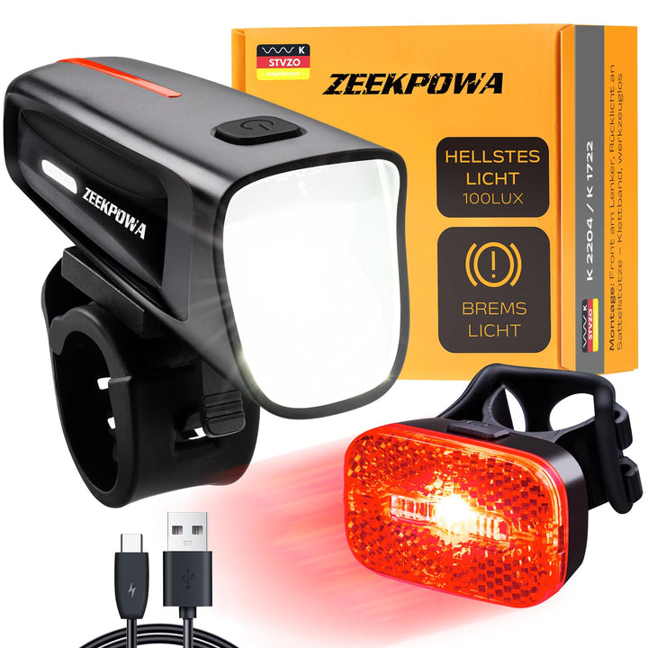 Fahrradlicht Set 100 Lux StVZO, USB-C Akku Vorderlicht + Rücklicht mit Bremslichtfunktion, wasserdic