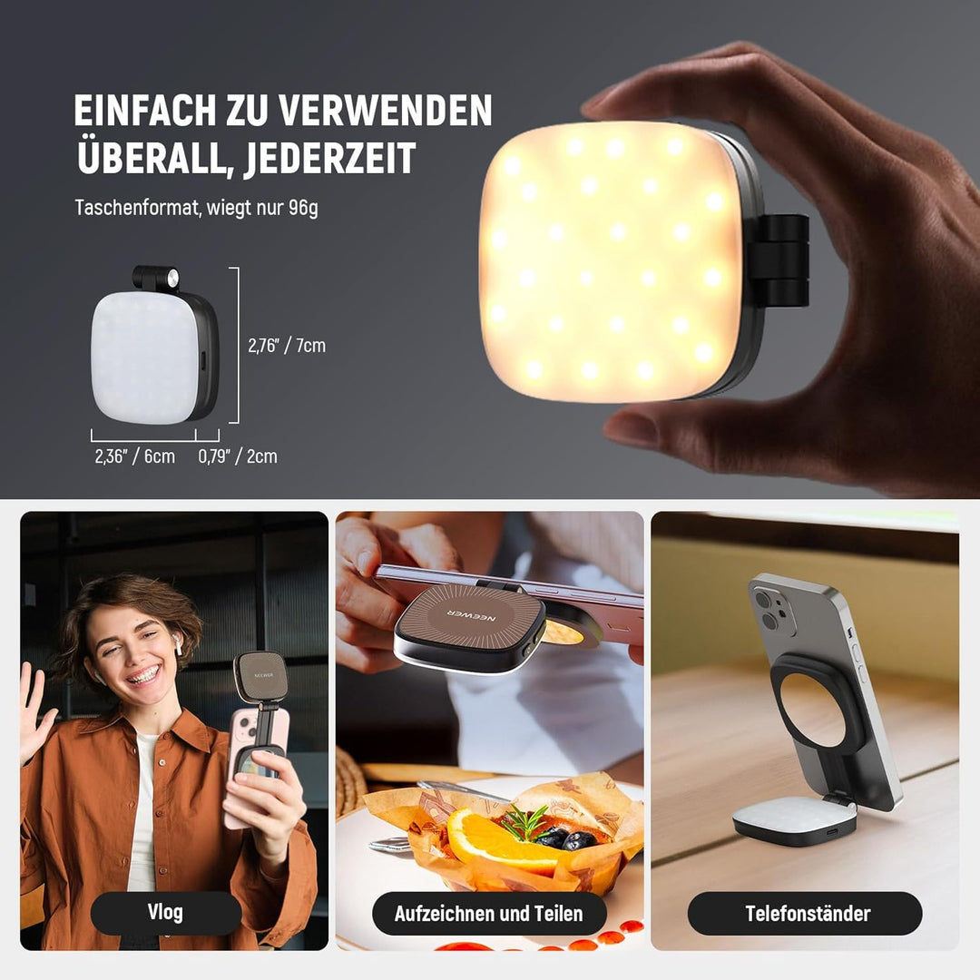 NEEWER Basics Magnetisches Selfie Licht Kompatibel mit iPhone MagSafe, Mini LED Tisch Telefonständer