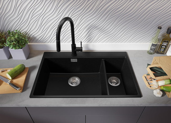 Spülbecken Schwarz 78x50cm, Granitspüle 1,5 Becken + Ablauf-Set + Schneidebrett, Küchenspüle ab 80er