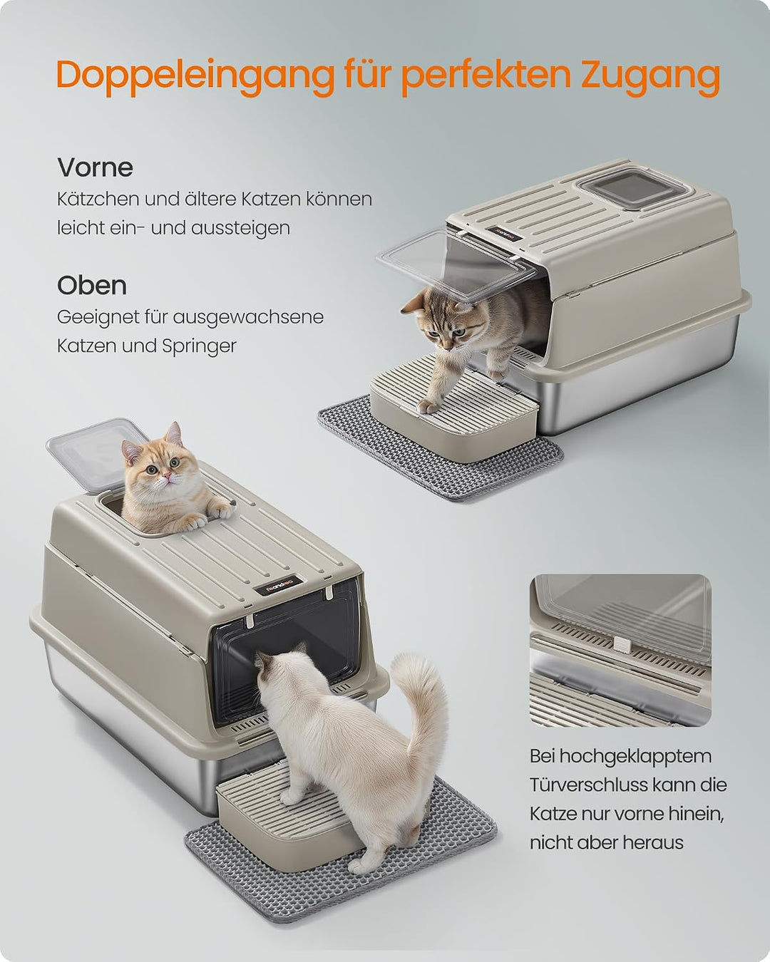 Feandrea Katzenklo Edelstahl, Katzentoilette mit Deckel, mit Schaufel, Katzenstreumatte und 2 Eingän