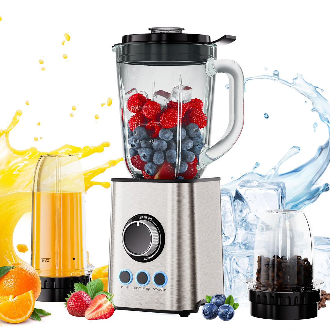 Biolomix 3-in-1-Mixer und Smoothie-Maker 1300-W-Standmixer mit 1,5-l-Glasbehälter 3 Geschwindigkeits