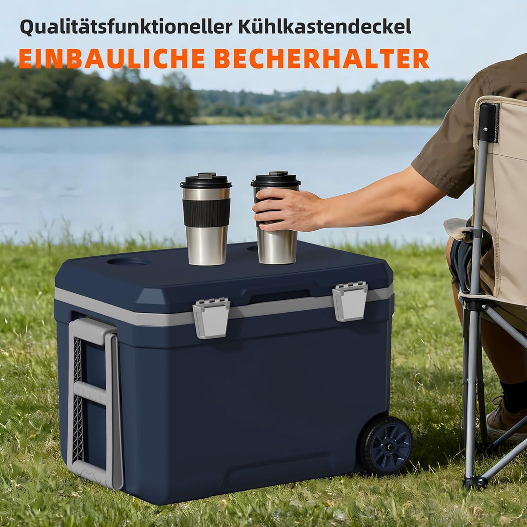 WISD 45L Kühlbox mit Rollen und Griff – Grosse Camping Kühlbox mit Metallverschlüssen & Ablaufstopfe