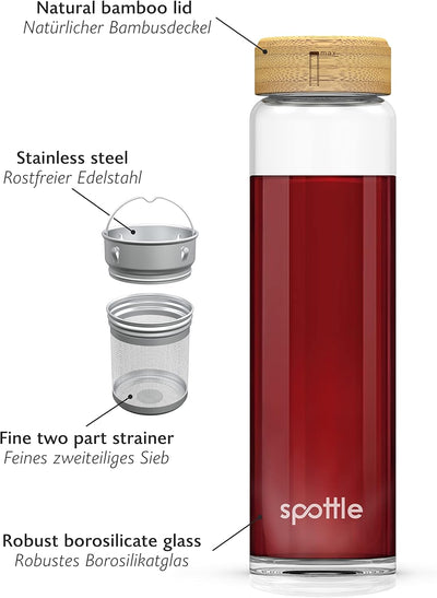 spottle Teeflasche mit sieb to go 1 Liter - Trinkflasche für Tee aus Glas in 500ml, 650ml, 1 l - Tee
