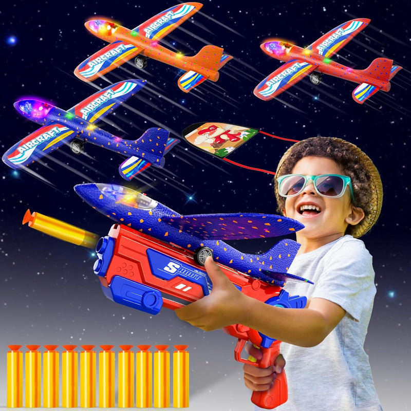 Doloowee 4 IN 1 Airplane Launcher Spielzeug, LED-Schaum Gleiter Flugzeug Katapult, 3 Flugmodi, Outdo