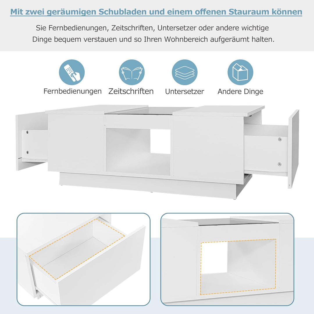 Merax Couchtisch Hochglanz mit LED Beleuchtung, Mitteltisch Teetisch für Wohnzimmer, Weiss Wohnzimme