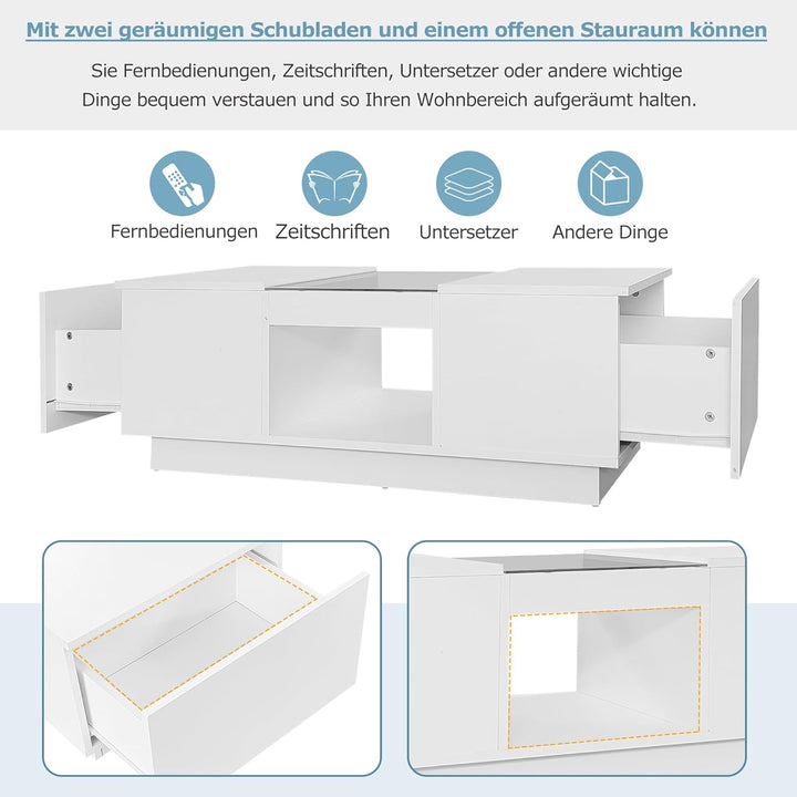 Merax Couchtisch Hochglanz mit LED Beleuchtung, Mitteltisch Teetisch für Wohnzimmer, Weiss Wohnzimme