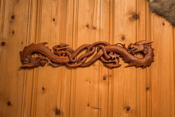 Windalf Handmade Celtic Wandbild Holzornament THORAS 50 cm Zwei Drachen Wandrelief Holz