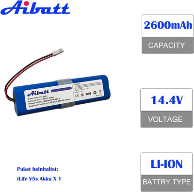 Aibatt Li-ion akku,Ersatzakku für iLife Zaco V5s Pro,V5x,V4,V3s Pro,V8s,V50,V80,V85 Home Cleaner Hei