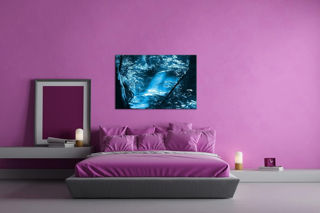 deyoli kleiner Bach im Wald Format 100x70 Effekt: Monocrome Blau als Leinwandbild, Motiv fertig gera