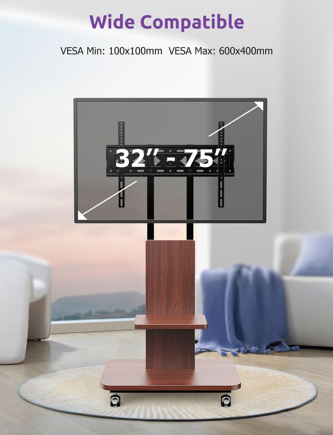 TV Ständer Rollbar mit Holzablage, Fernsehständer auf Rollen für 32-75 Zoll Fernseher, TV Bodenständ