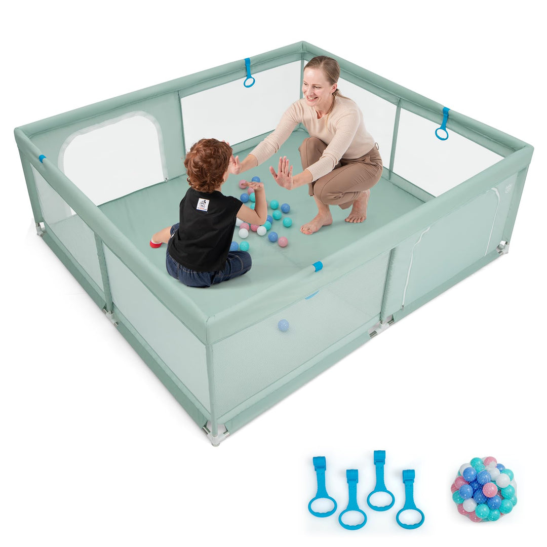 GOPLUS 200x180cm Baby Laufstall, Laufgitter mit Matratze, 4 Handringe & 50 Spielbällen, Krabbelgitte