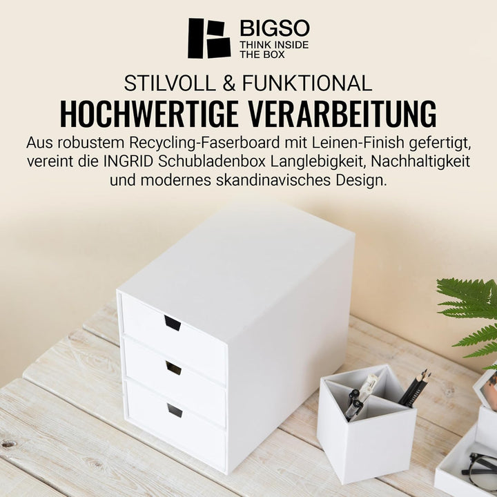 BIGSO INGRID Schubladenbox für Dokumente und Bürobedarf – Schreibtisch Organizer mit 3 Schubladen –