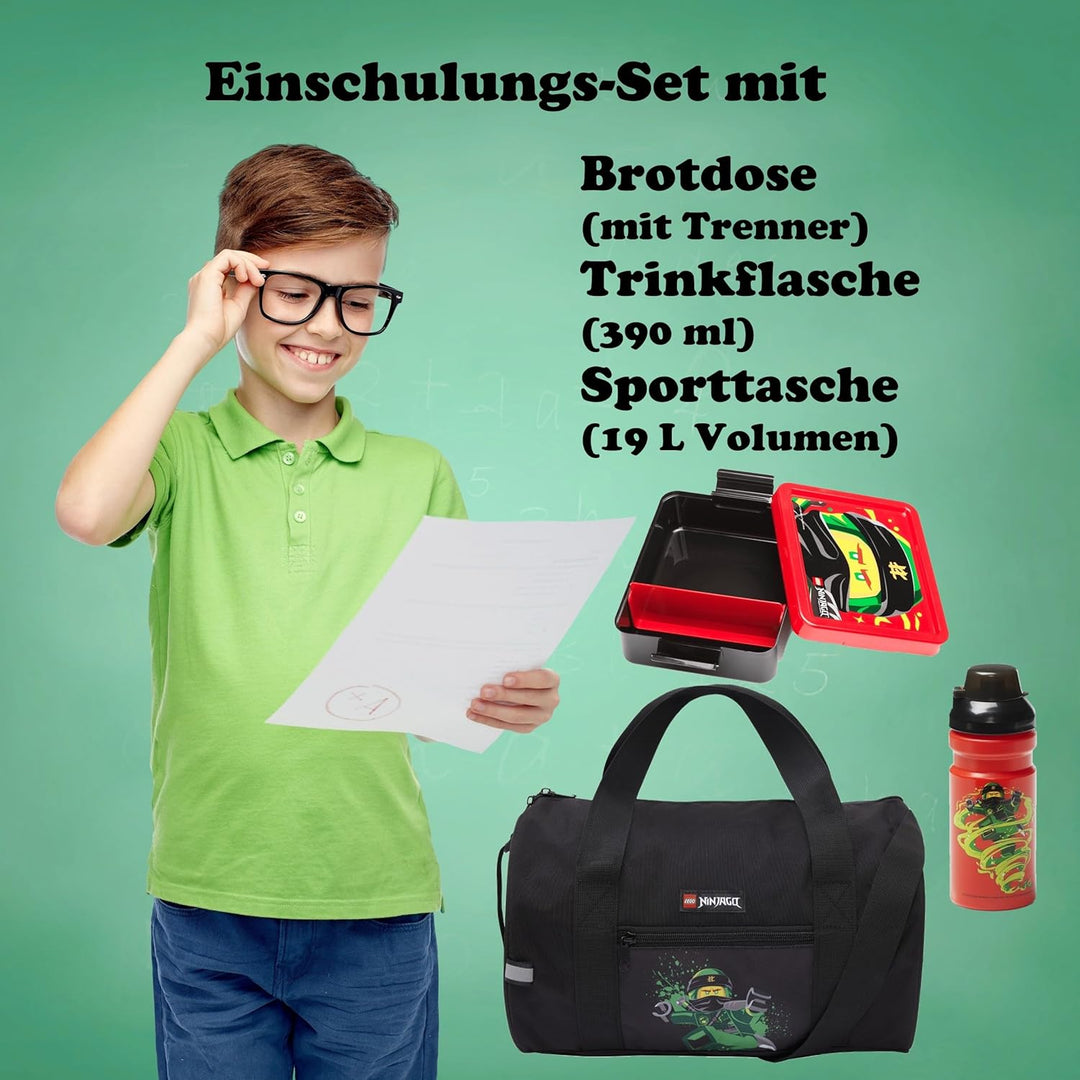 Familando - Schulranzen Set 9-teilig mit Sporttasche - Ninjago Grün - Ergonomisch, stabil & mit gepo