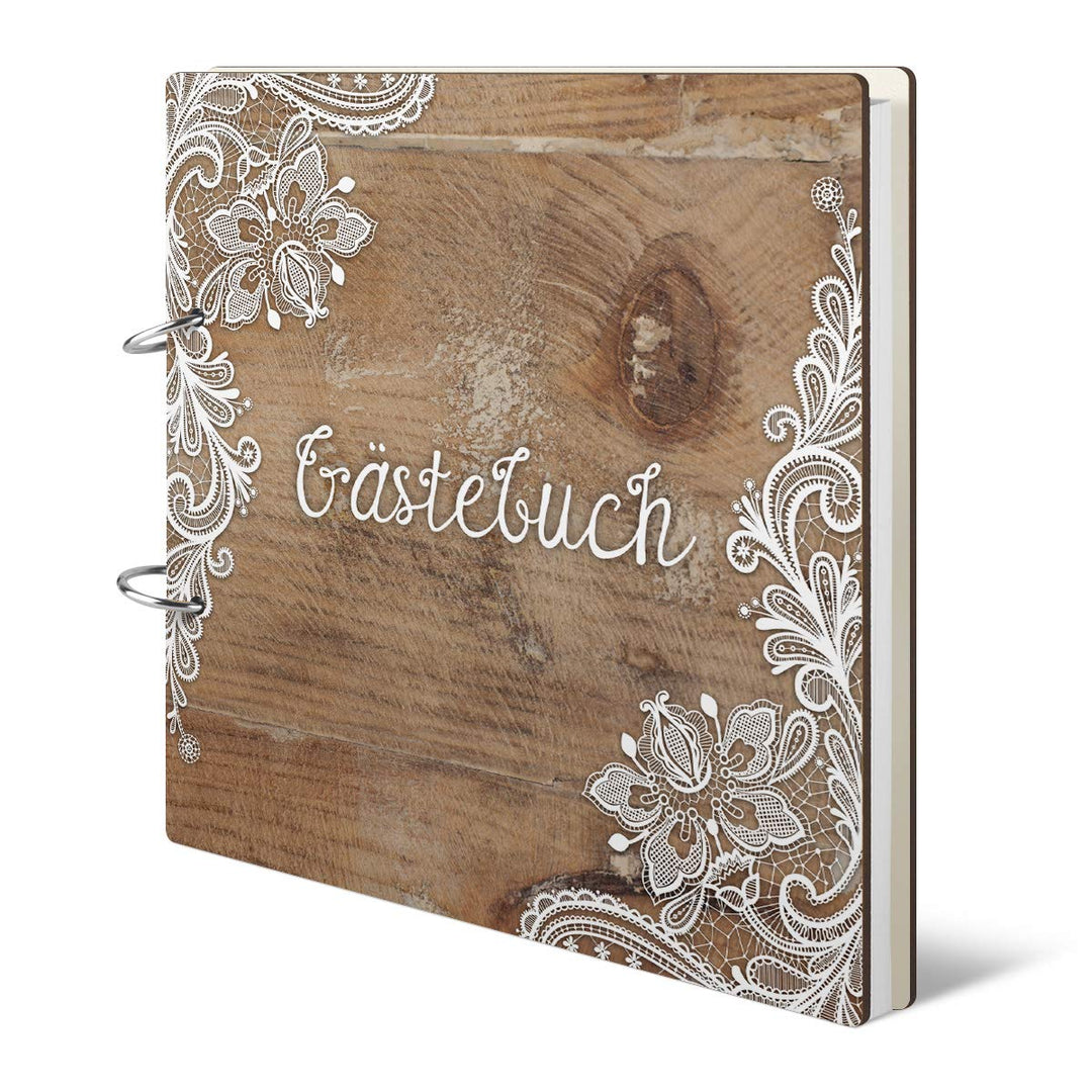 Hochzeit Gästebuch Holzcover - Rustikal Motiv - Quadratisch, 215x215mm, 72 Blatt / 144 Naturpapier I