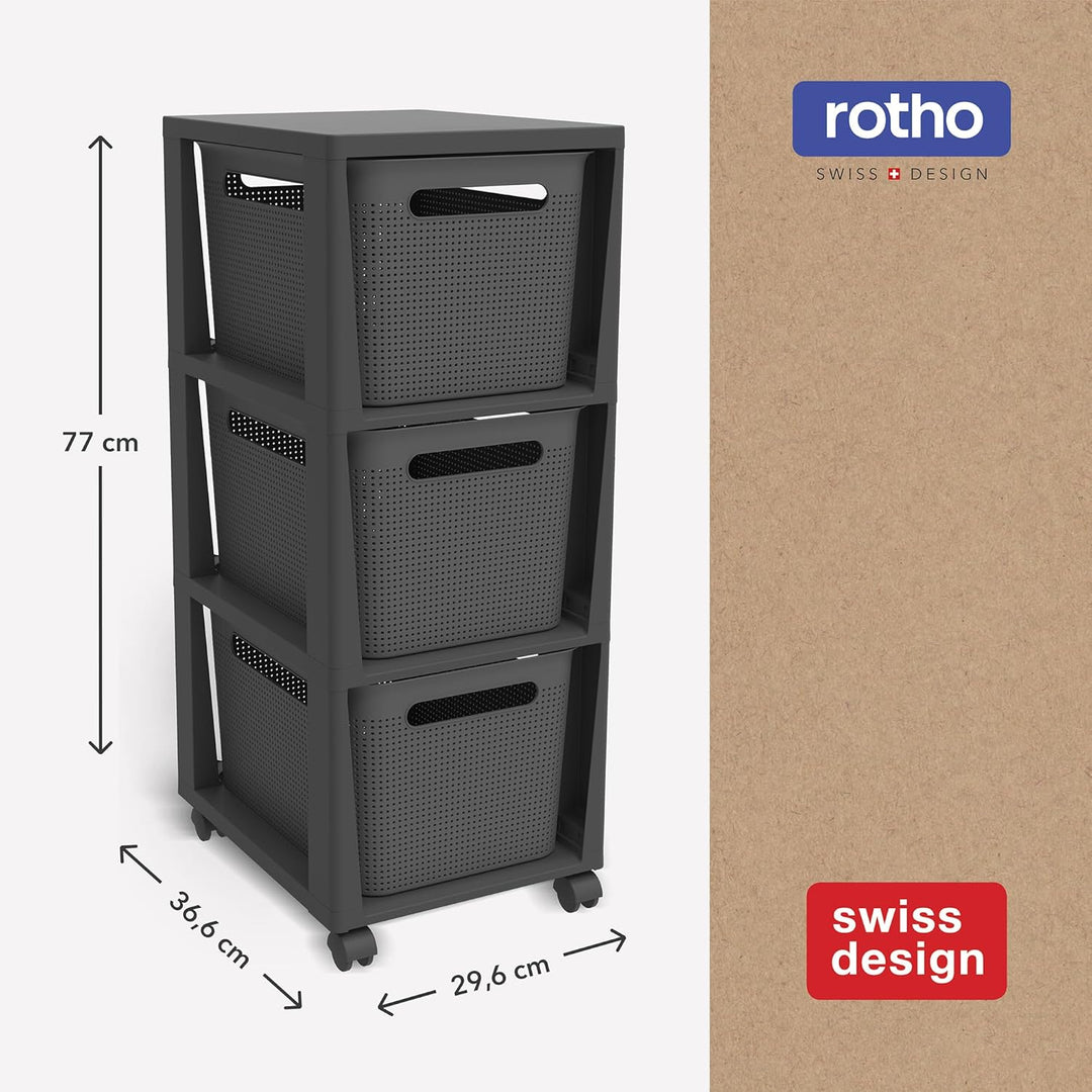 Rotho Brisen Rollcontainer mit 3 Schubladen, Kunststoff (PP recycelt), anthrazit, 3x16l (36,6 x 30,0