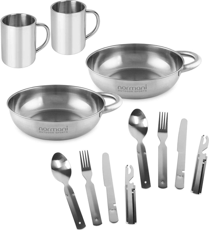 Camping Edelstahl Geschirrset 2X Besteckset + 2X Teller + 2X Tasse Silver mit Griff OneSize, Silver